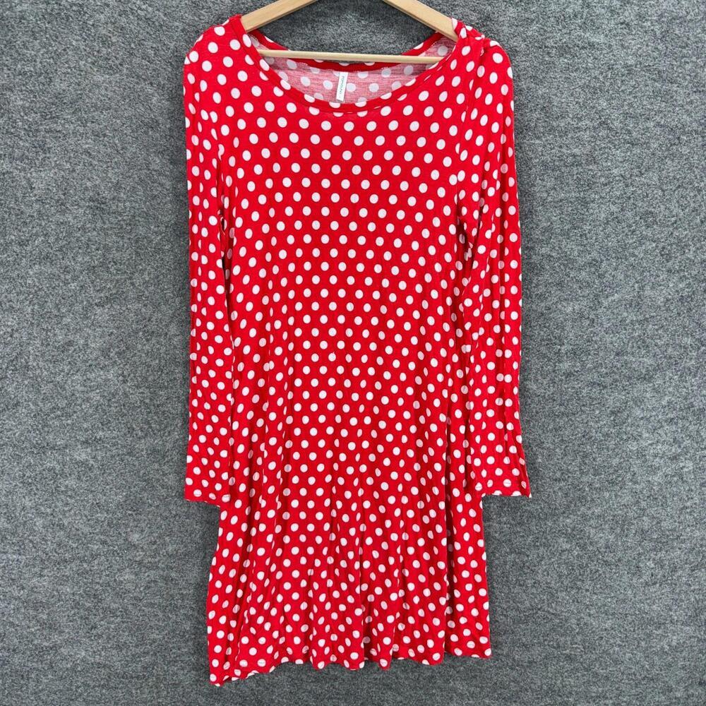 Popyoung Dress Women L Large Red Polka Dot Shift Midi Long Sleeve Stretch Rayon